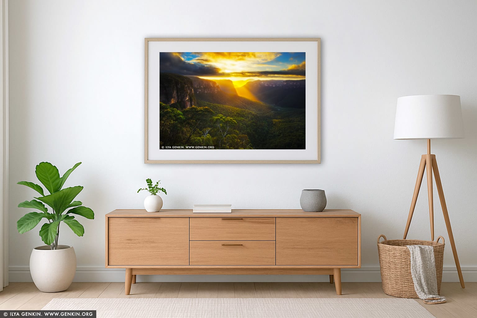 Beautiful Sunrise at Govett's Leap Lookout wall art in a modern living room interior