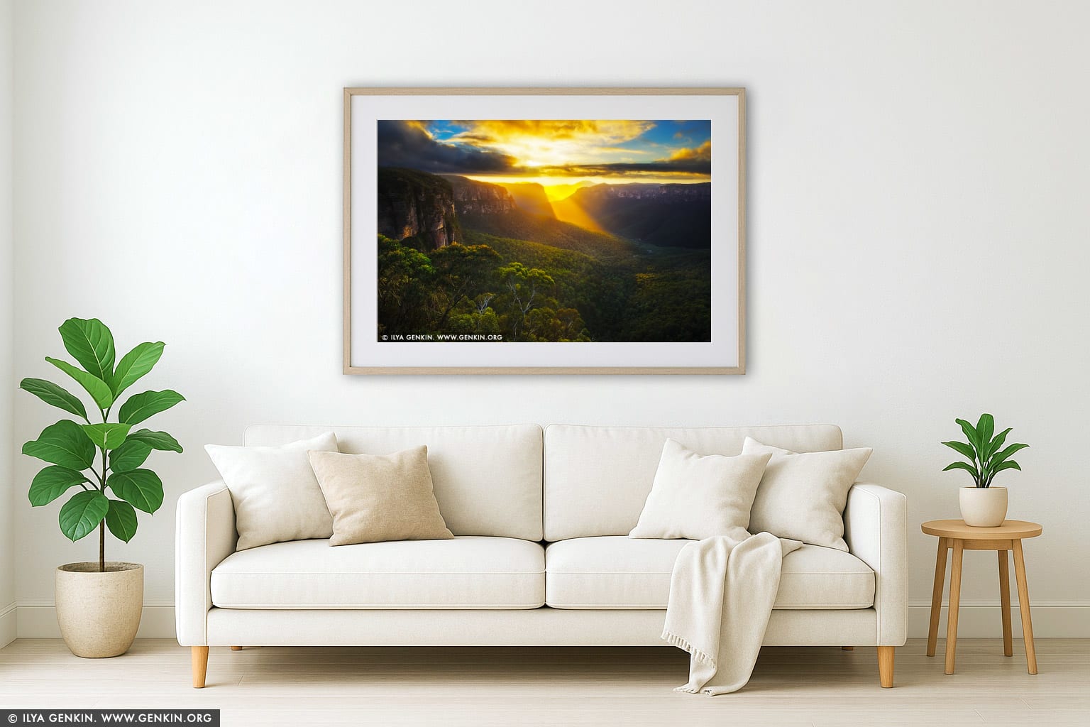 Beautiful Sunrise at Govett's Leap Lookout wall art in a minimalist living room interior