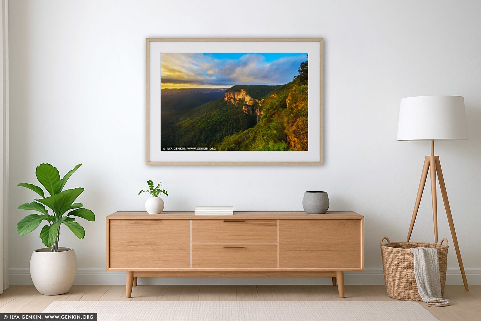 Bridal Veil Falls at Sunrise wall art in a contemporary living room interior
