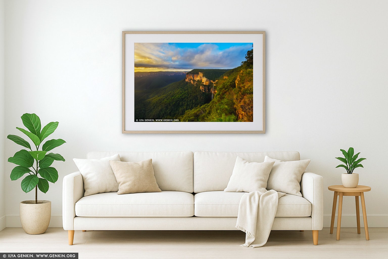 Bridal Veil Falls at Sunrise wall art in a luxury living room interior