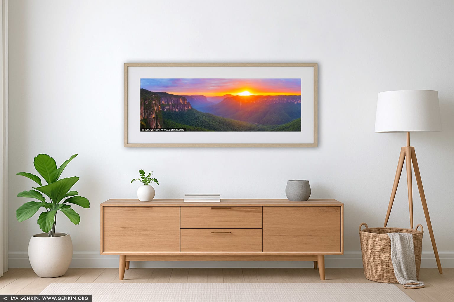 First Light, Grose Valley at Sunrise wall art in a minimalist living room interior