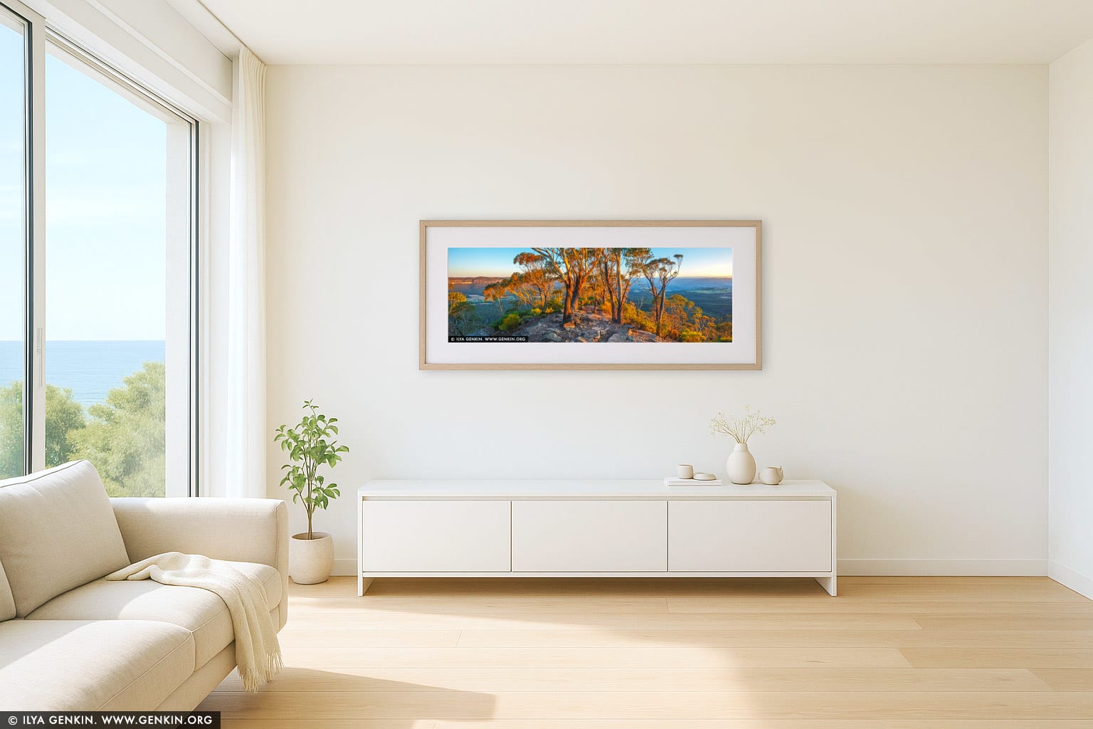 Hargraves Lookout and Megalong Valley at Sunset wall art in a contemporary living room interior