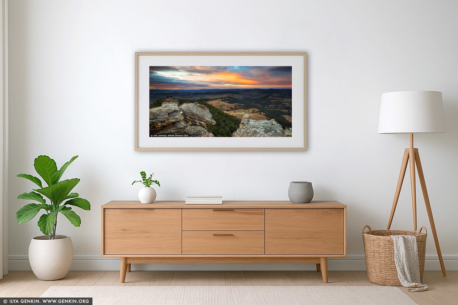 Hassans Walls at Sunrise wall art in a minimalist living room interior