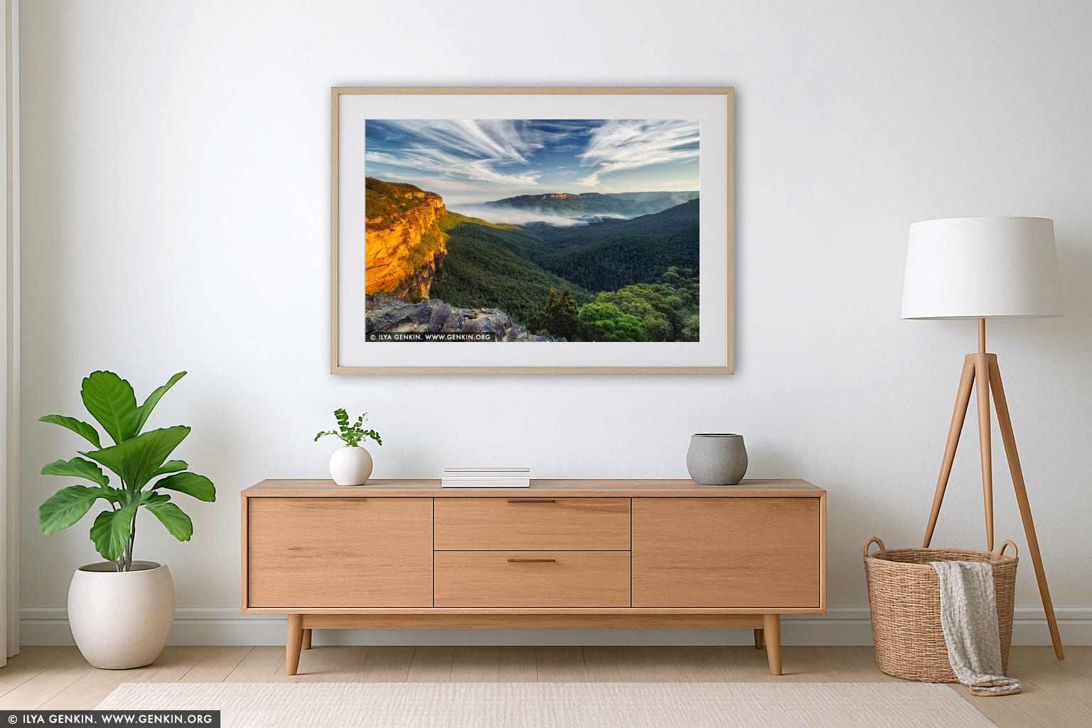 Jamison Valley at Sunset from Princes Rock Lookout wall art in a minimalist living room interior