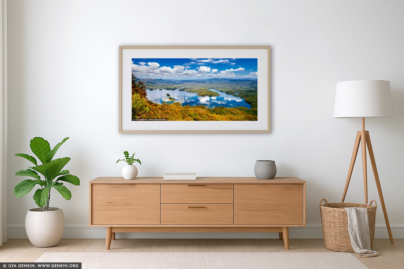 Lake Burragorang wall art in a minimalist living room interior