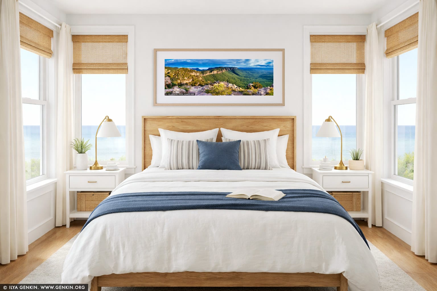 Narrow Neck and Megalong Valley wall art in a bedroom interior