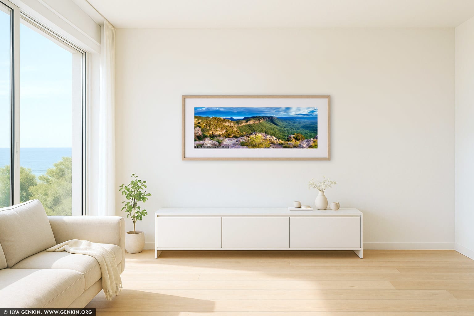 Narrow Neck and Megalong Valley wall art in a contemporary living room interior