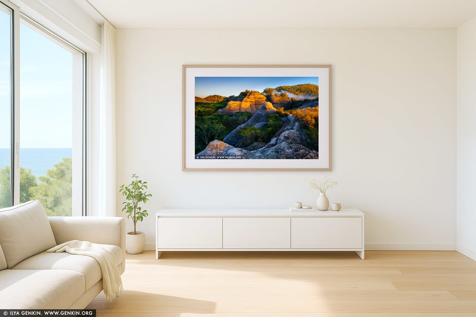 Pagoda Lookout at Sunrise wall art in a contemporary living room interior