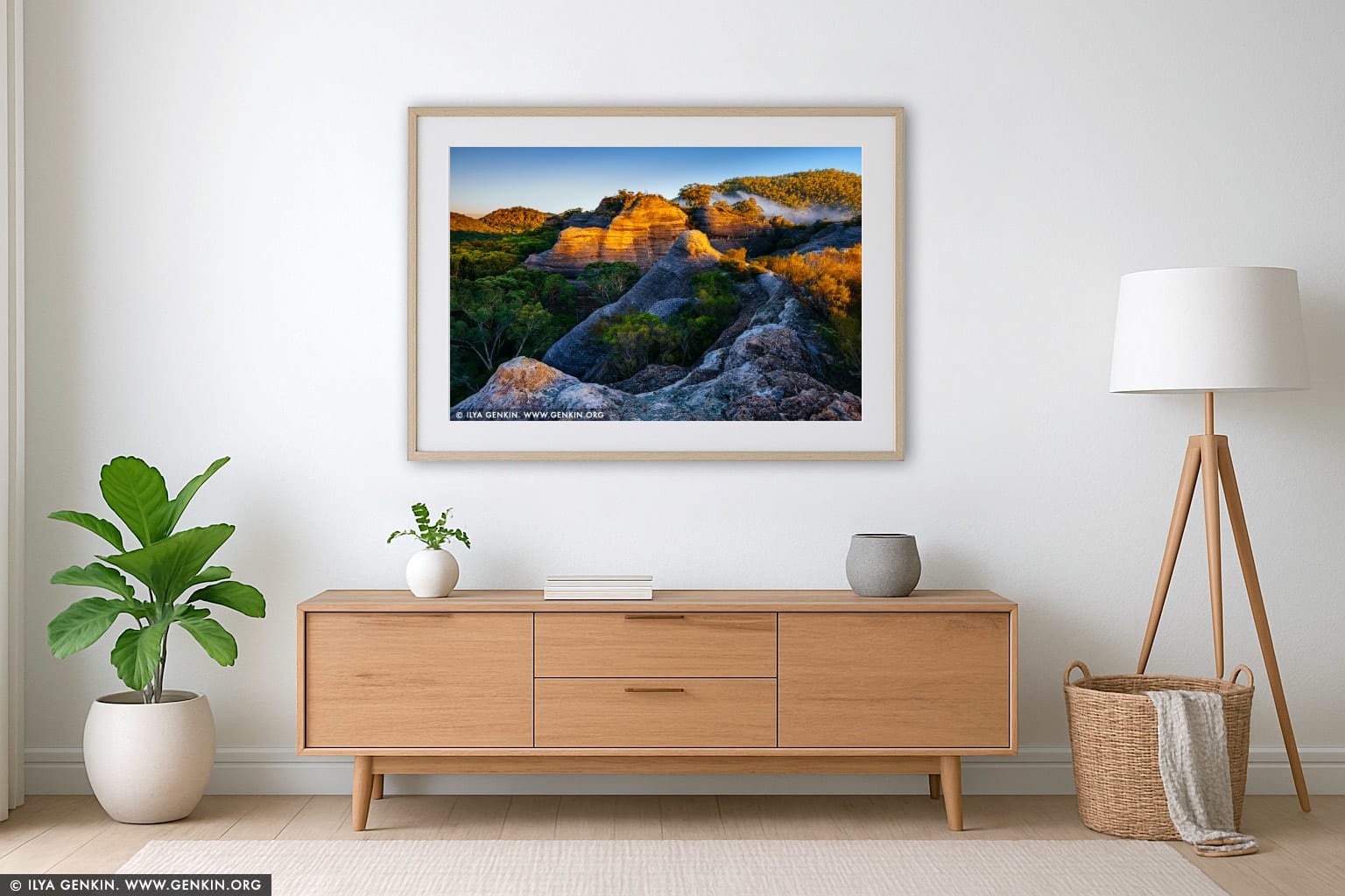 Pagoda Lookout at Sunrise wall art in a minimalist living room interior