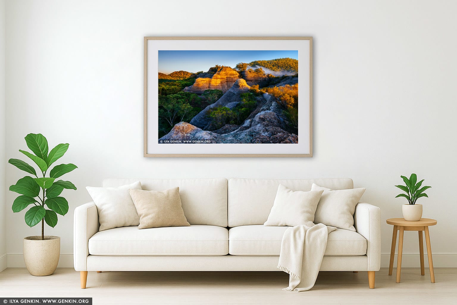 Pagoda Lookout at Sunrise wall art in a modern living room interior