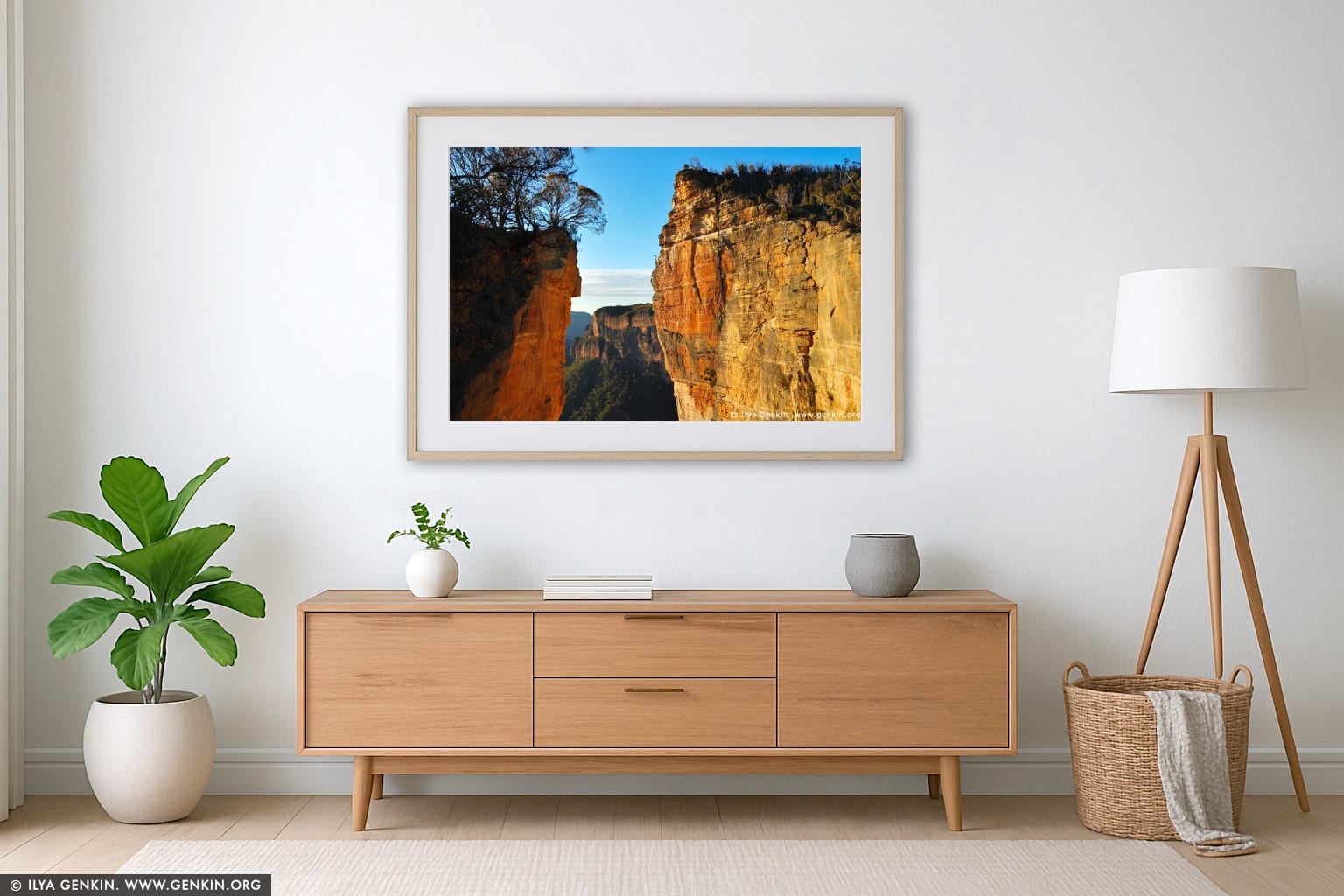 Hanging Rock at Dawn wall art in a minimalist living room interior
