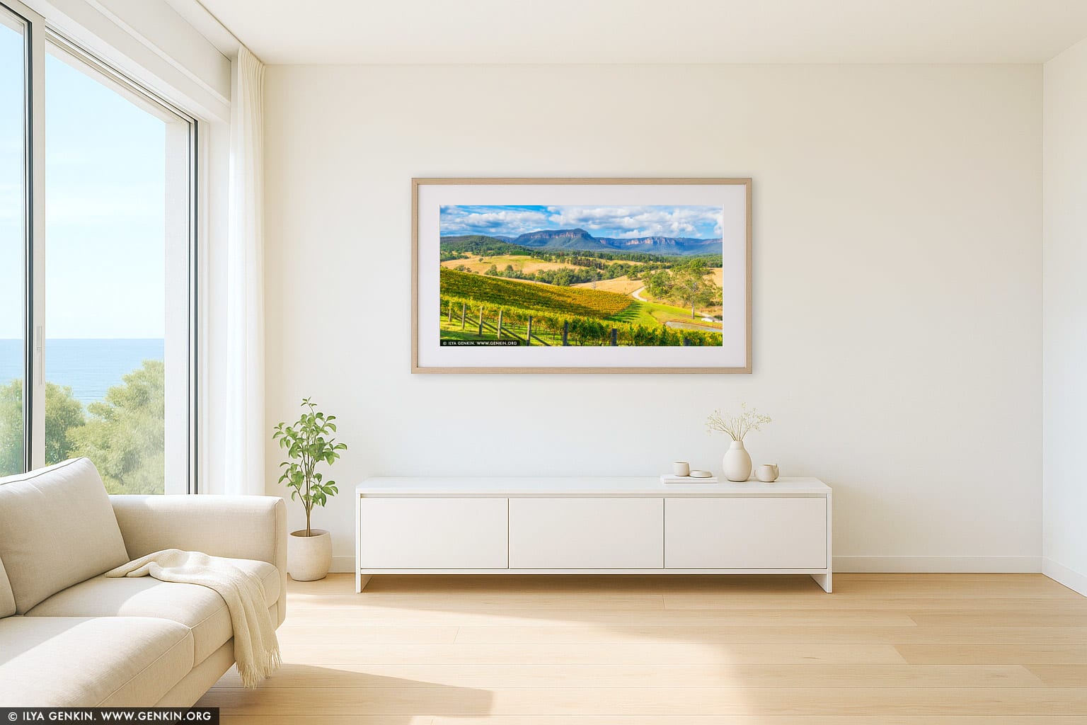 Dryridge Estate Winery and Megalong Valley at Sunset wall art in a minimalist living room interior