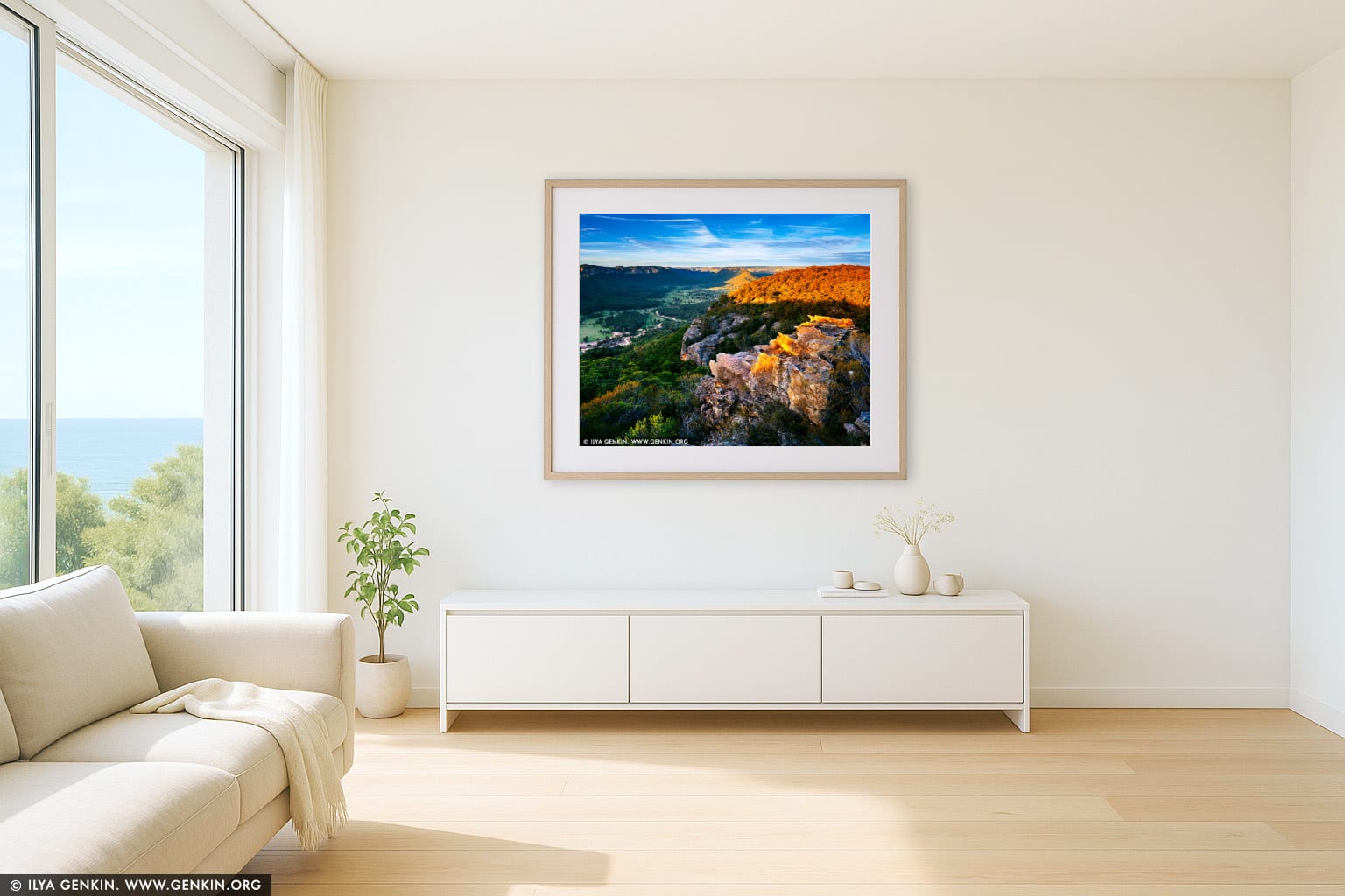 Wolgan Valley at Sunset wall art in a contemporary living room interior