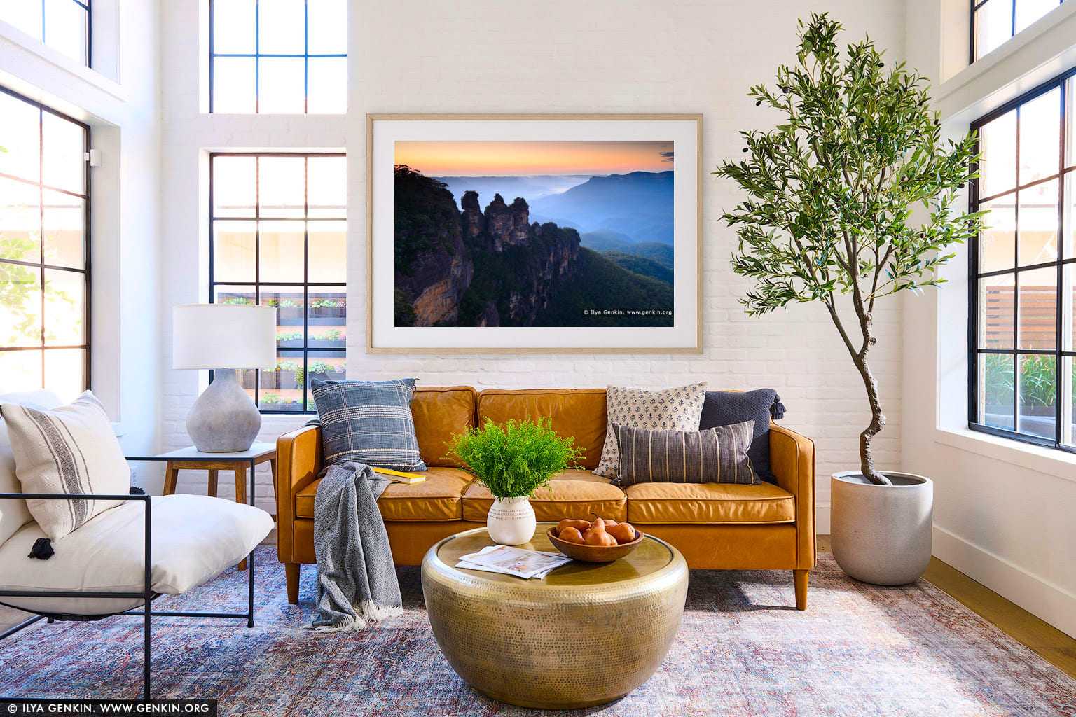 The Three Sisters wall art in a contemporary living room interior