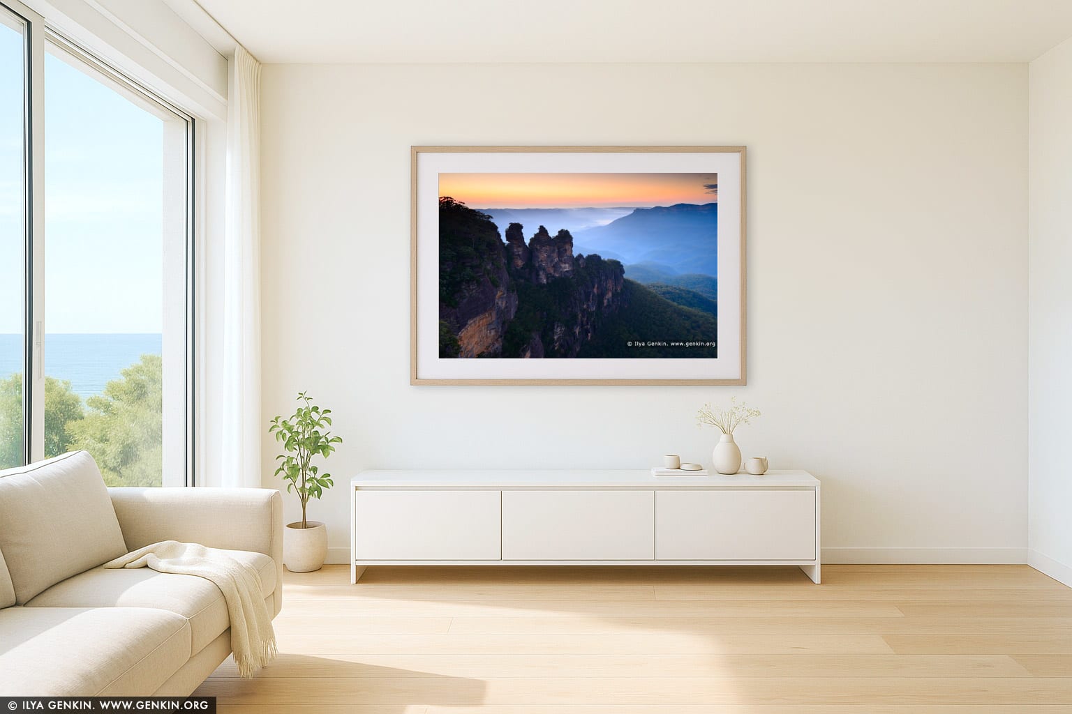 The Three Sisters wall art in a contemporary living room interior