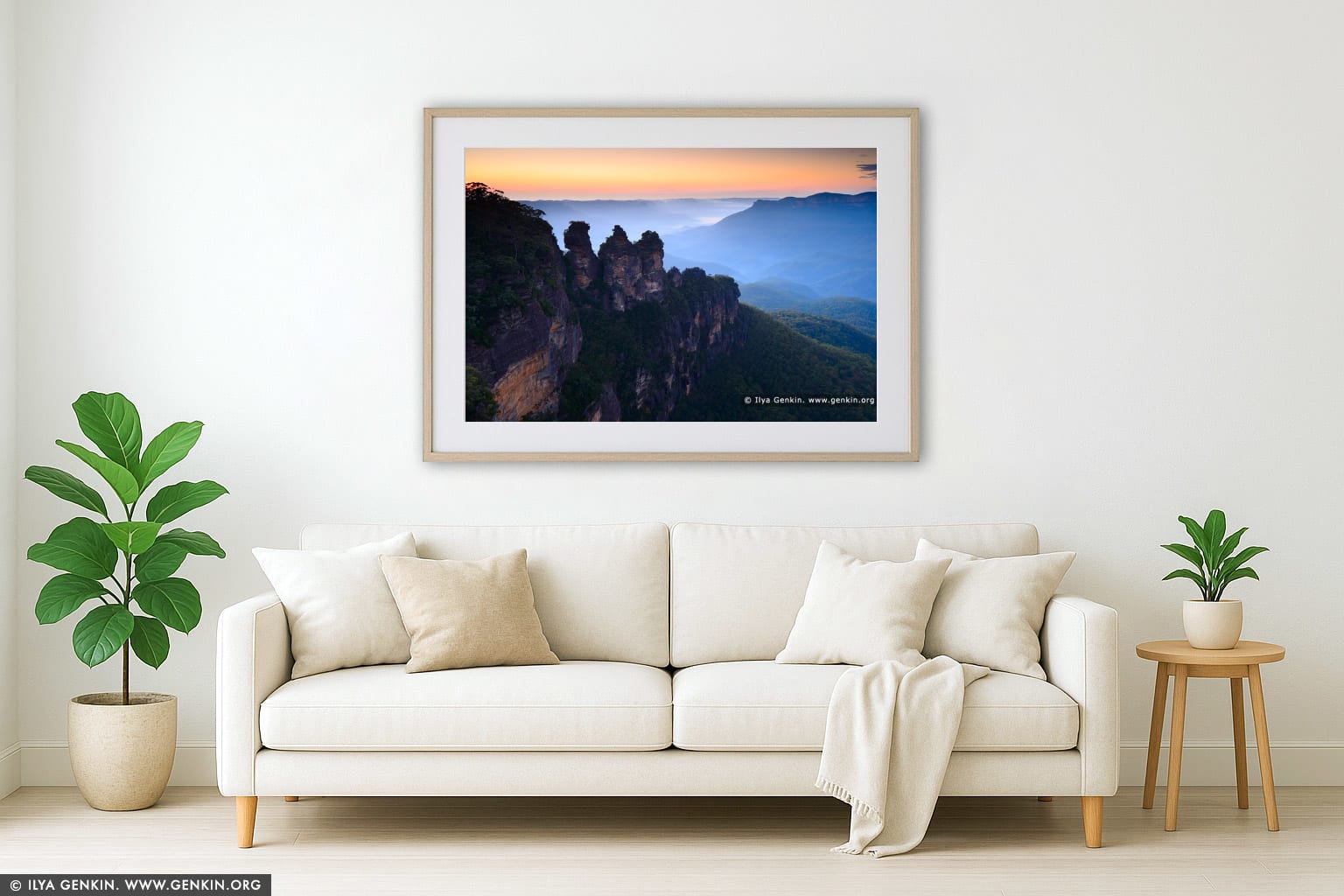 The Three Sisters wall art in a modern living room interior