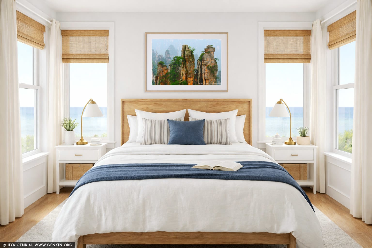 Stone Pillars in Zhangjiajie wall art in a bedroom interior