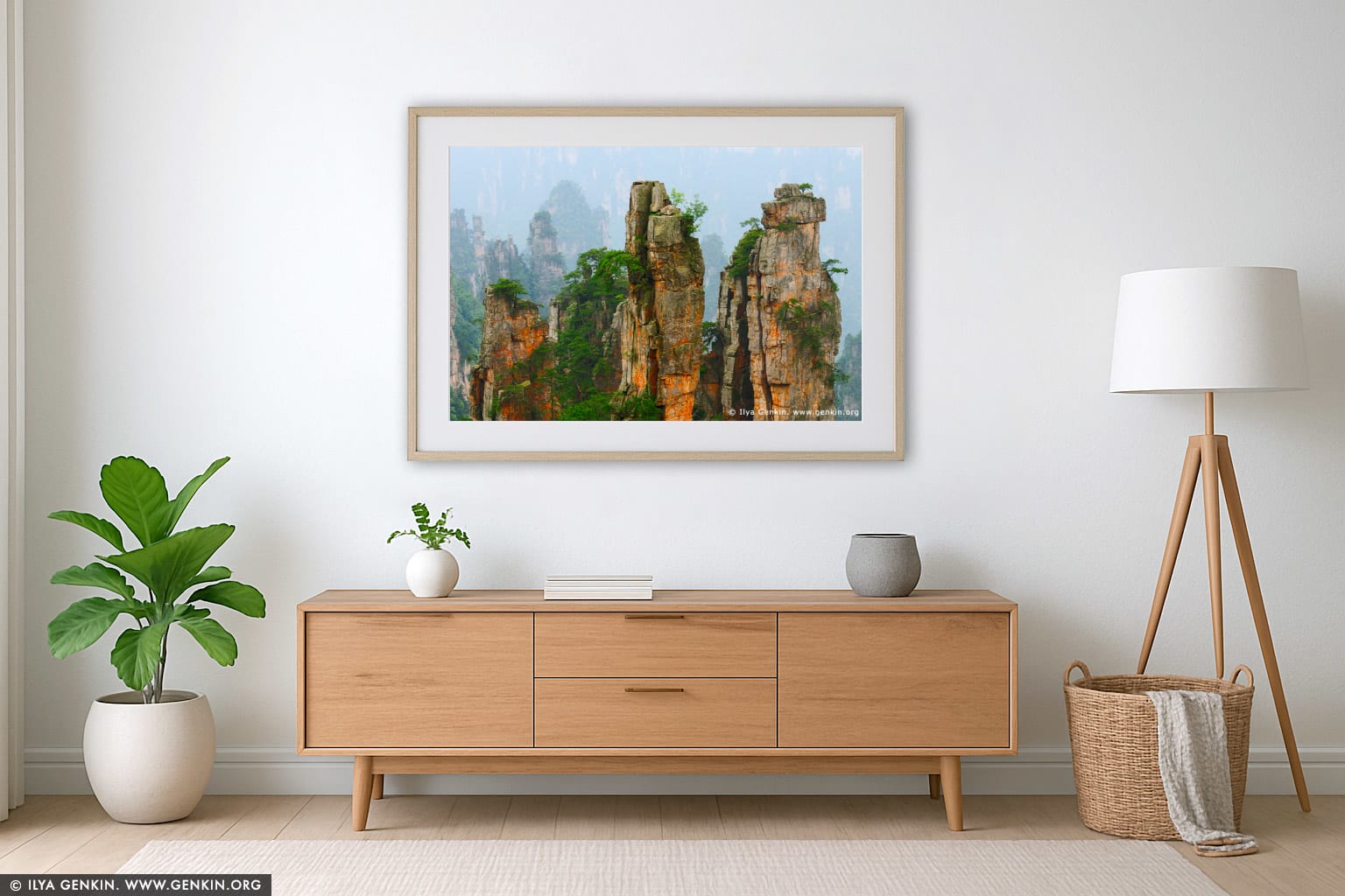 Stone Pillars in Zhangjiajie wall art in a minimalist living room interior