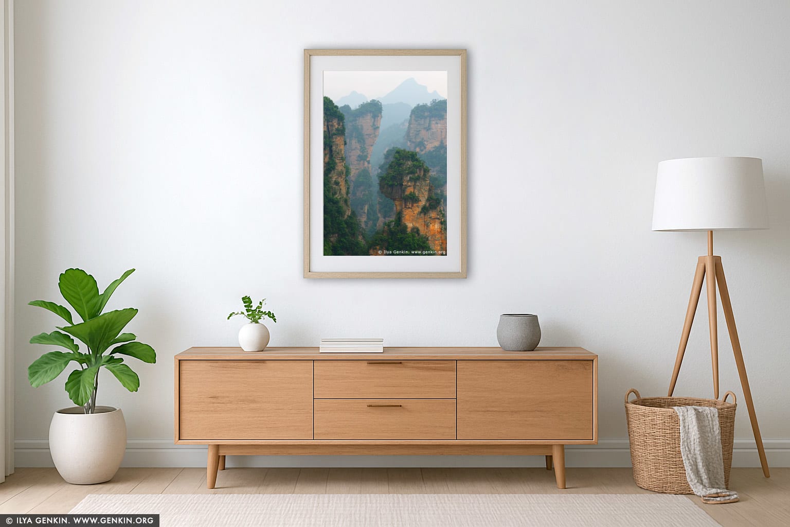 Mountains in Wulingyuan Scenic Area wall art in a minimalist living room interior