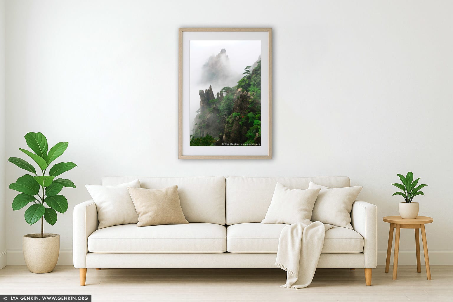 Huangshan Mountains in Clouds wall art in a minimalist living room interior