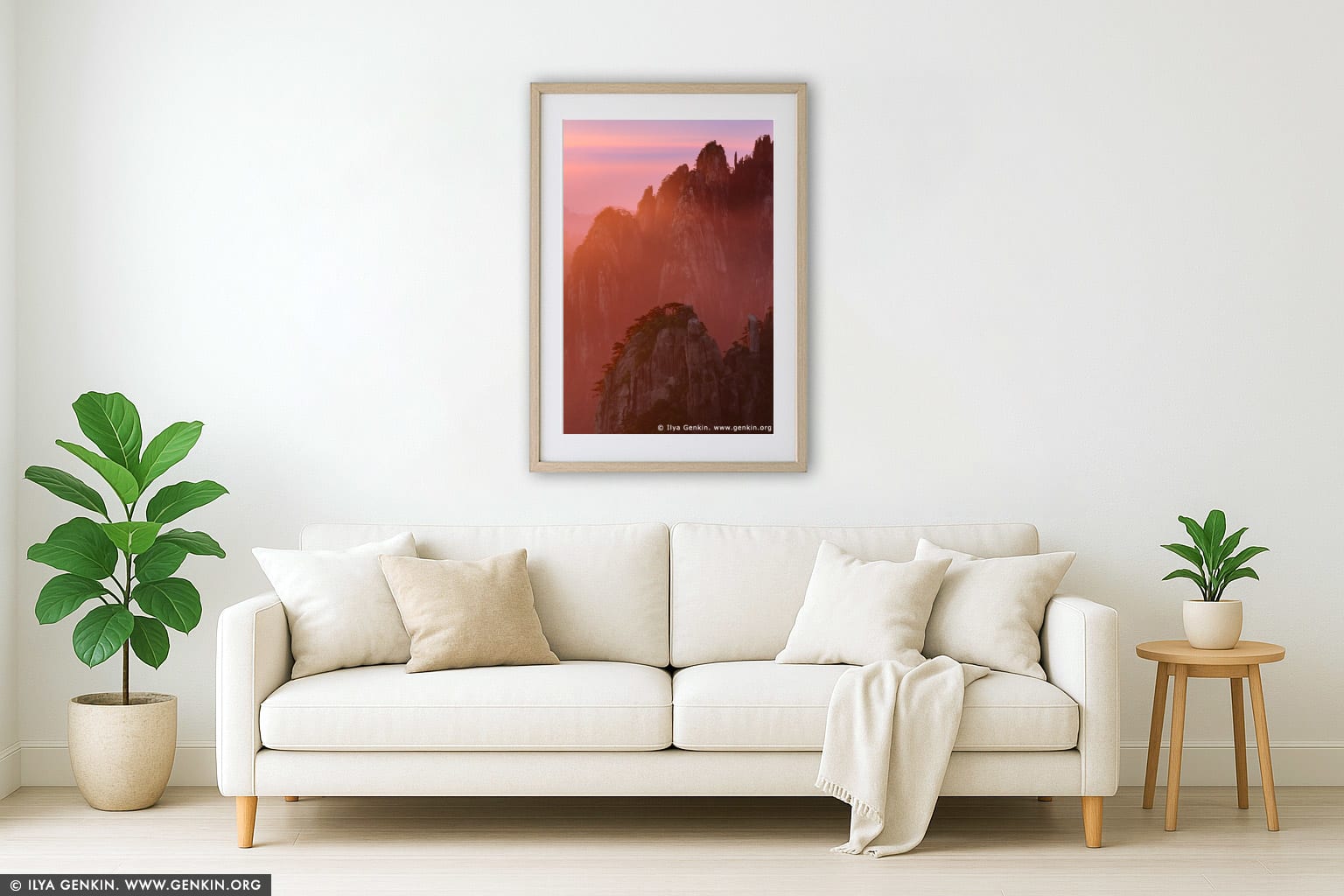 Sunrise from Stone Monkey Gazing Over a Sea of Clouds Lookout wall art in a modern living room interior