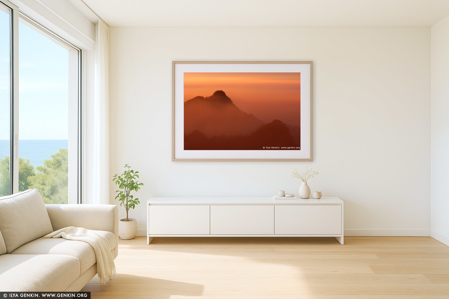 Sunrise from Stone Monkey Gazing Over a Sea of Clouds Lookout wall art in a minimalist living room interior
