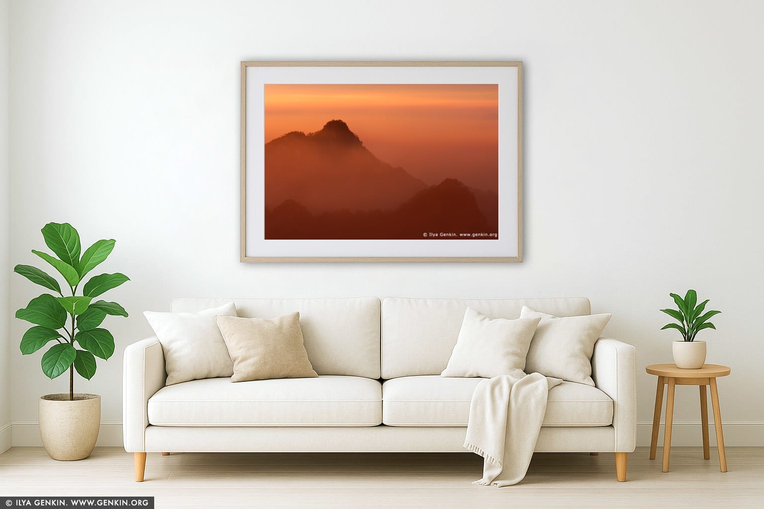 Sunrise from Stone Monkey Gazing Over a Sea of Clouds Lookout wall art in a contemporary living room interior