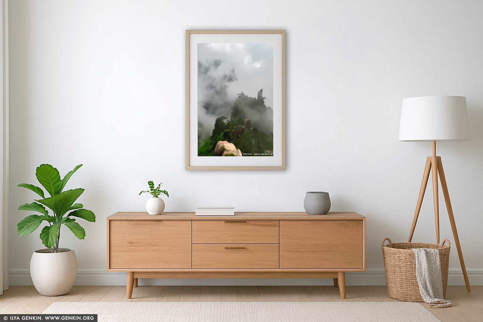 Huangshan Mountains in Clouds wall art in a modern living room interior