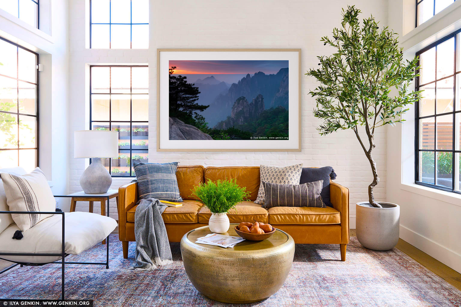 Sunrise from Stone Monkey Gazing Over a Sea of Clouds Lookout wall art in a modern living room interior