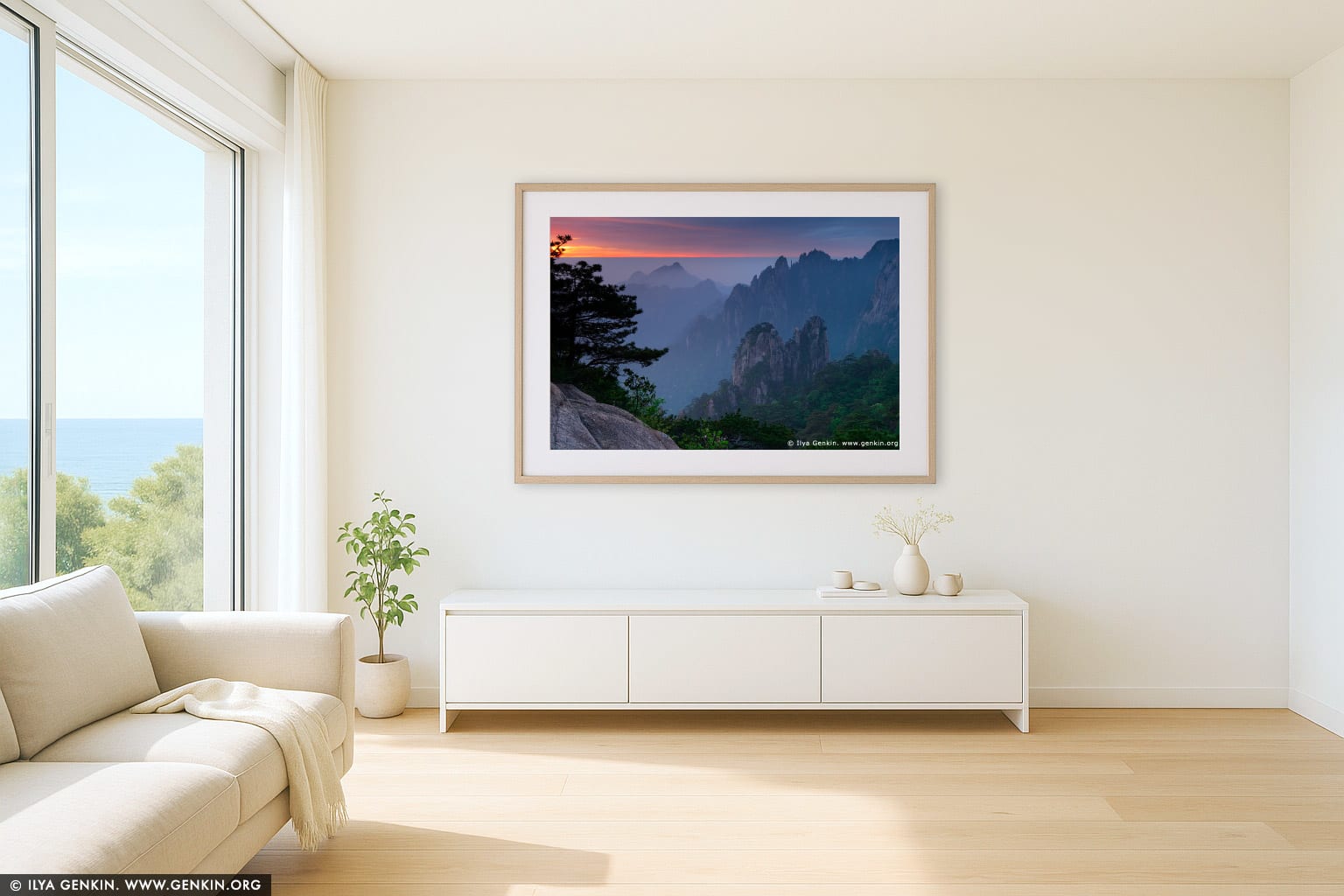 Sunrise from Stone Monkey Gazing Over a Sea of Clouds Lookout wall art in a modern living room interior
