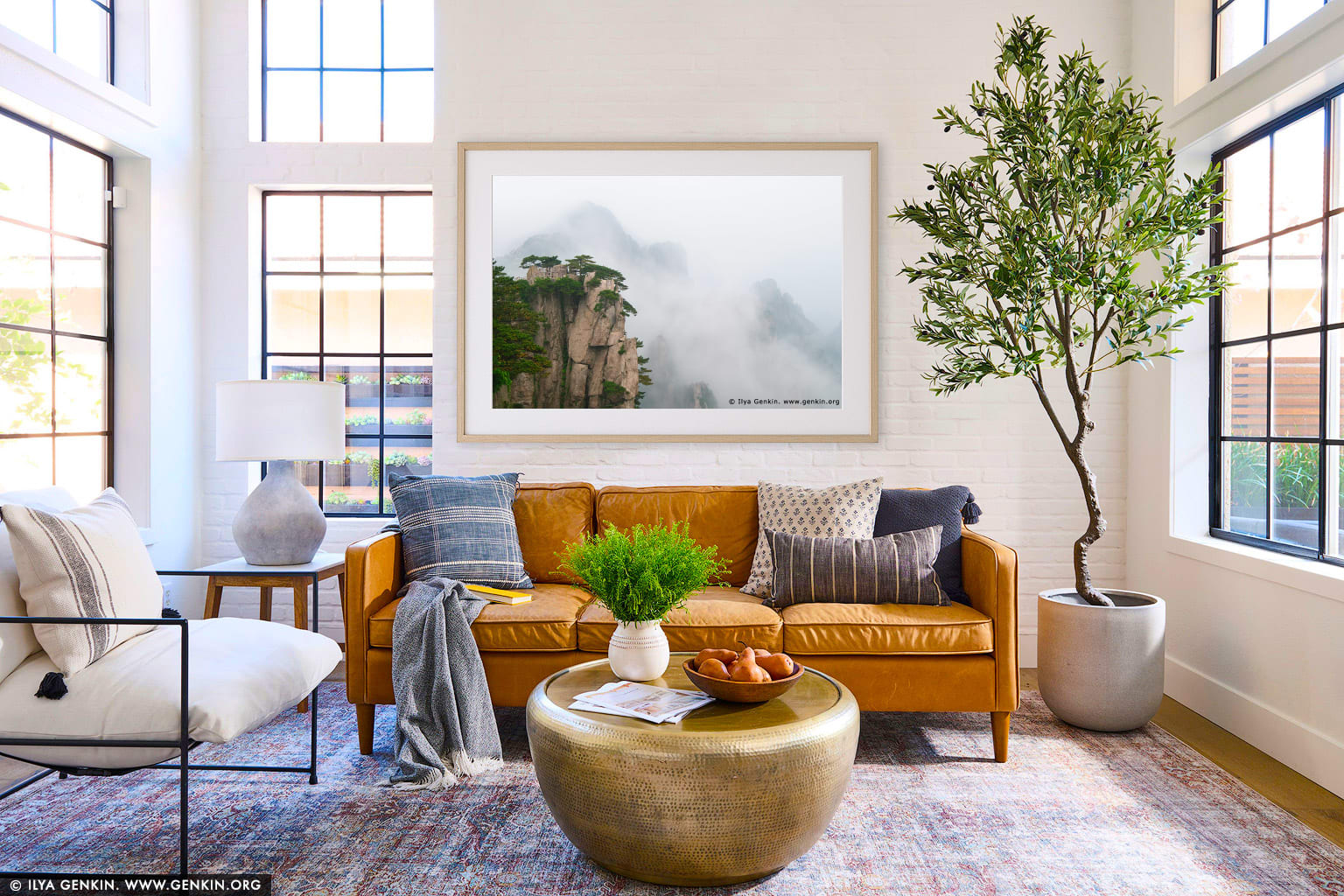 View from Beginning to Believe Lookout wall art in a minimalist living room interior