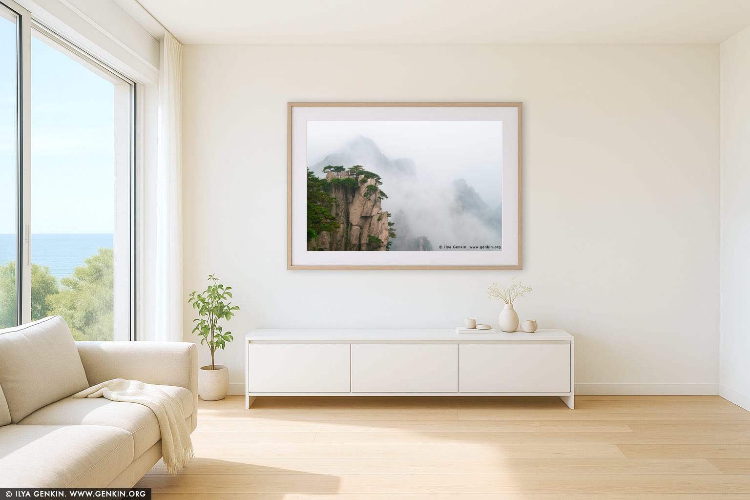 View from Beginning to Believe Lookout wall art in a minimalist living room interior