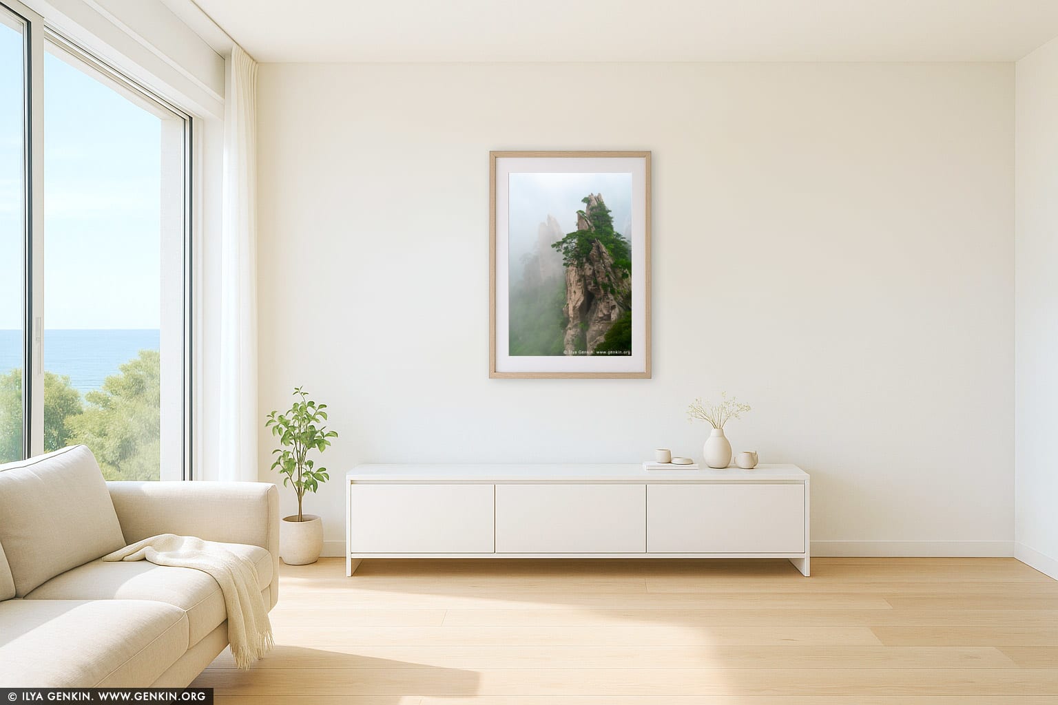 Double Scissors Peak View from Flying-over Rock Lookout wall art in a minimalist living room interior