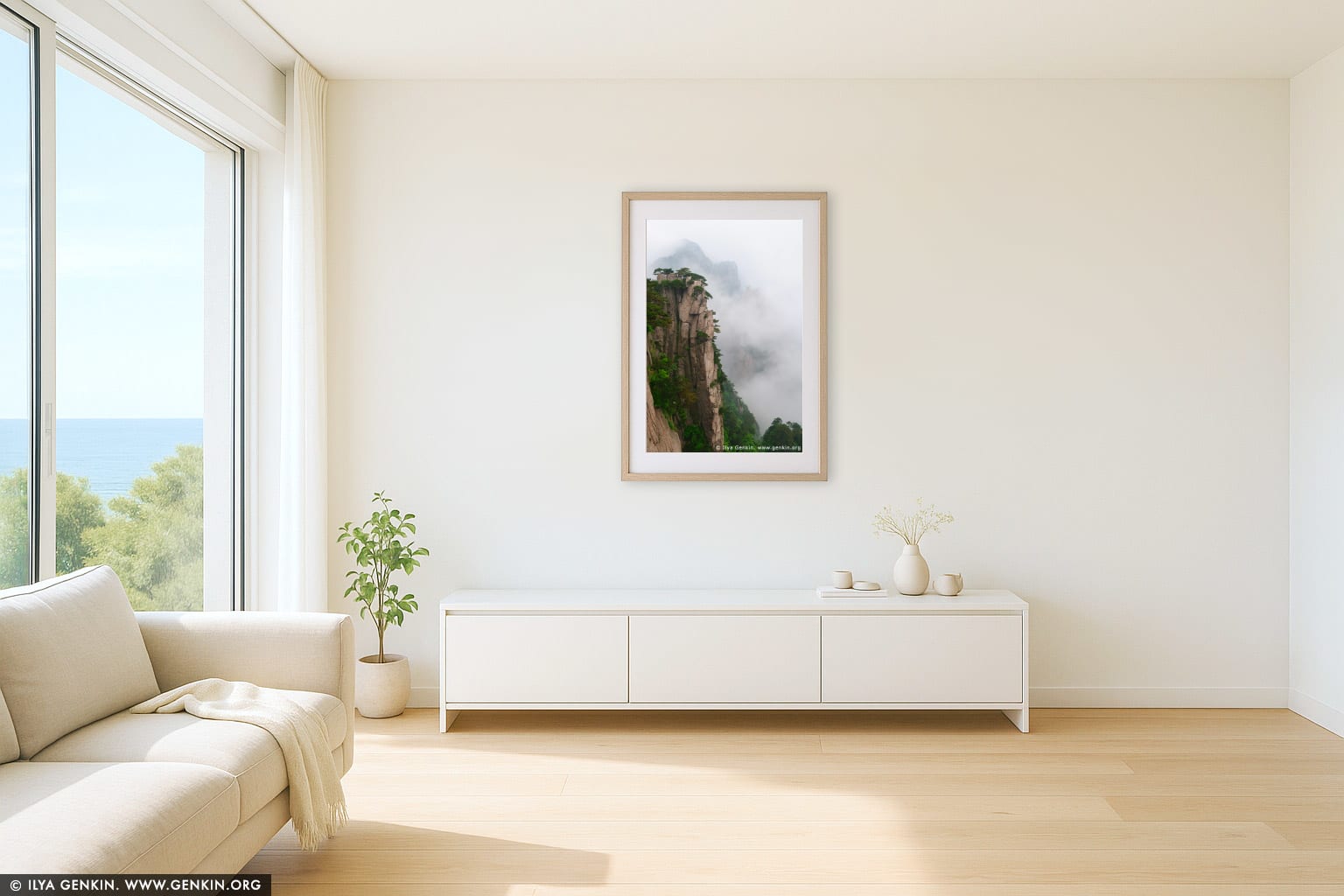 Looking Down from Beginning to Believe Lookout wall art in a minimalist living room interior