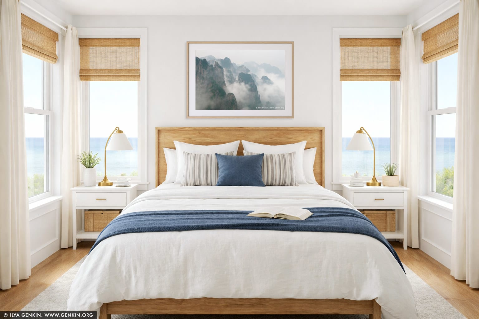 Clouds Covered Huangshan Peaks wall art in a bedroom interior