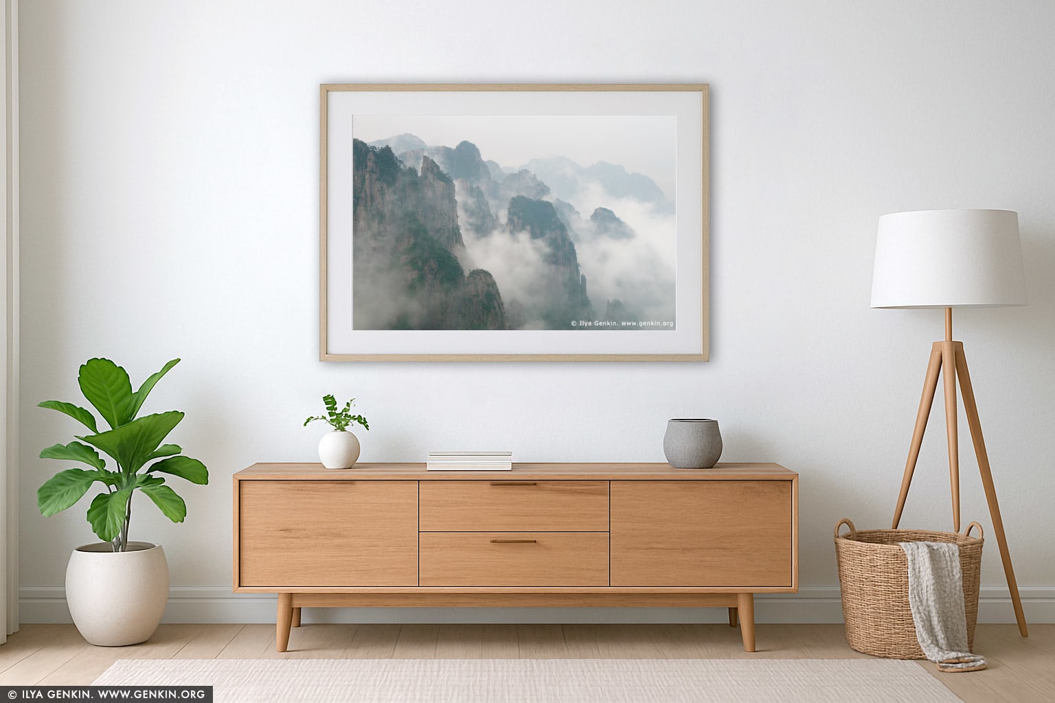 Clouds Covered Huangshan Peaks wall art in a contemporary living room interior
