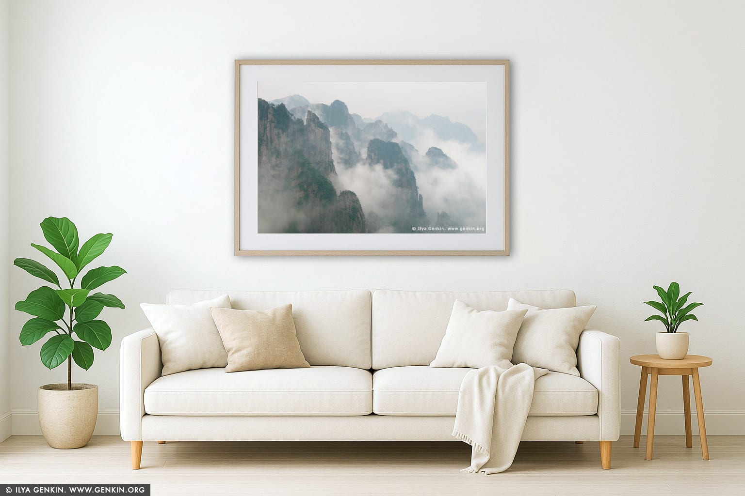 Clouds Covered Huangshan Peaks wall art in a luxury living room interior
