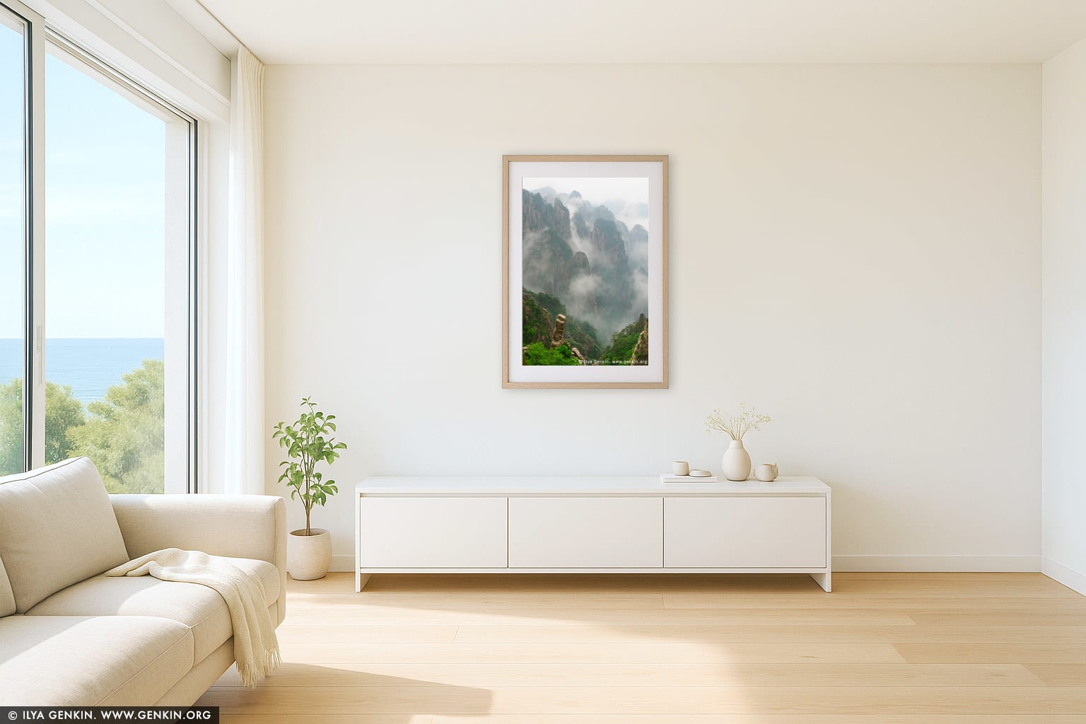 View from Cloud-dispelling Pavilion wall art in a contemporary living room interior