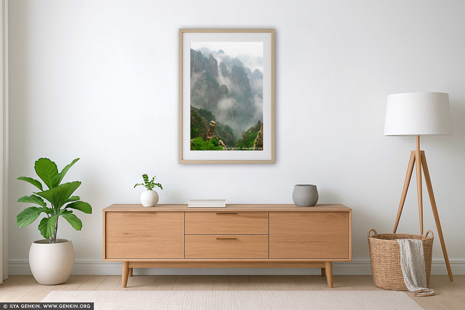 View from Cloud-dispelling Pavilion wall art in a minimalist living room interior