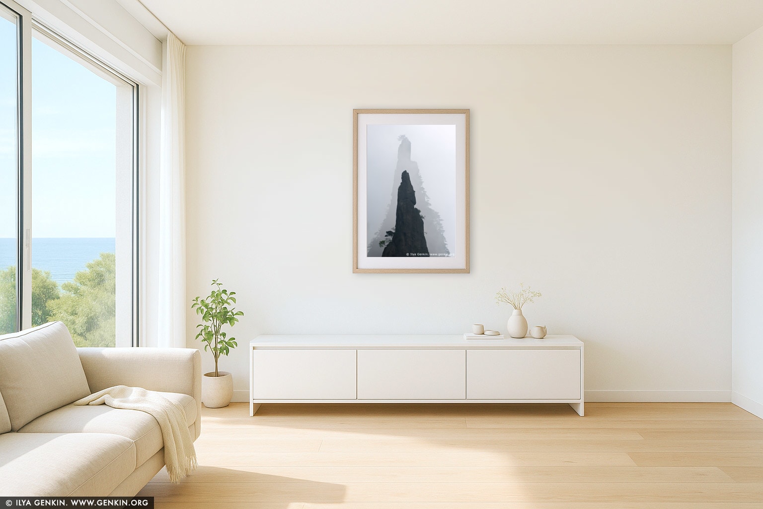 Sharp Peaks of Huangshan Mountains in Mist  wall art in a minimalist living room interior