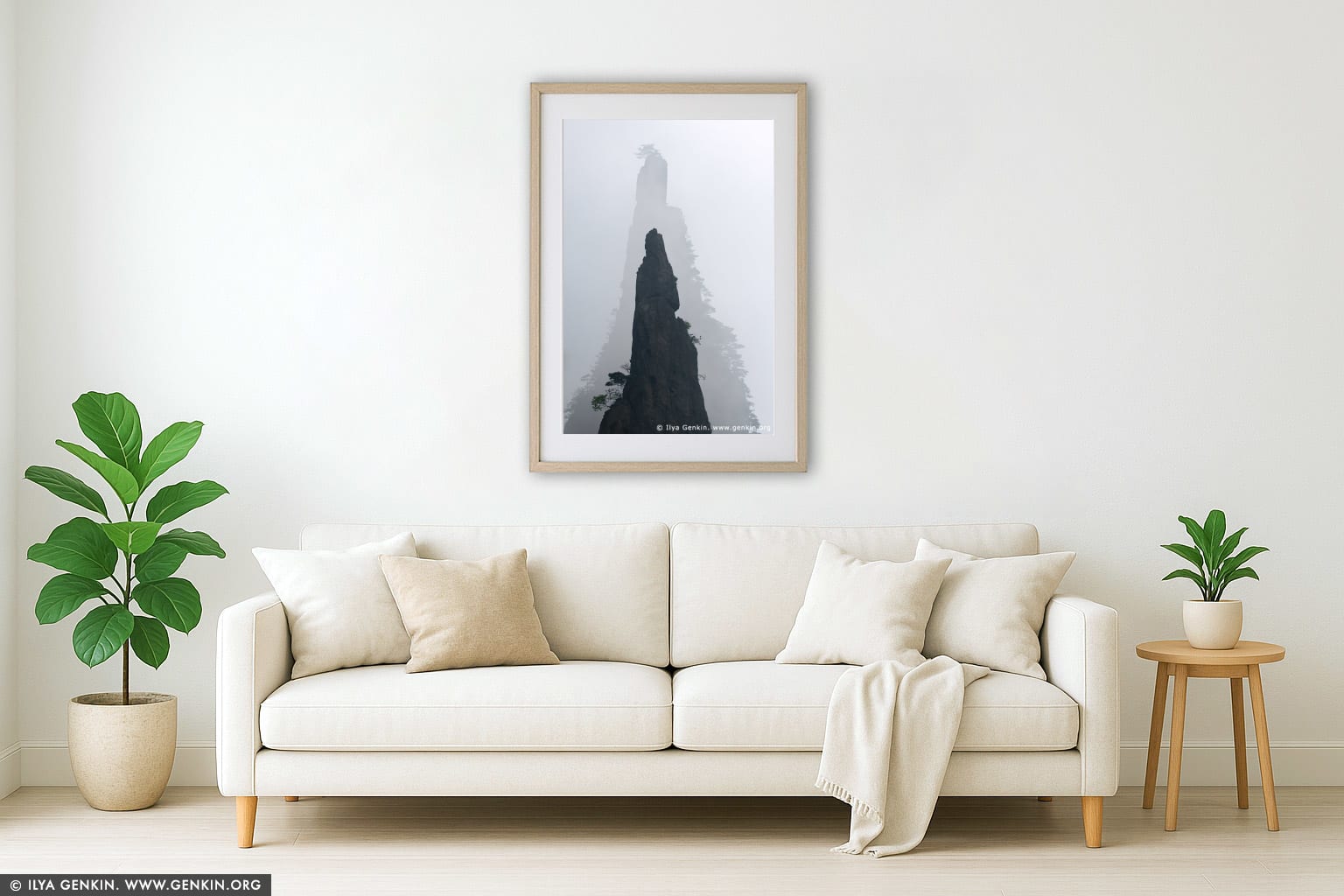 Sharp Peaks of Huangshan Mountains in Mist  wall art in a contemporary living room interior
