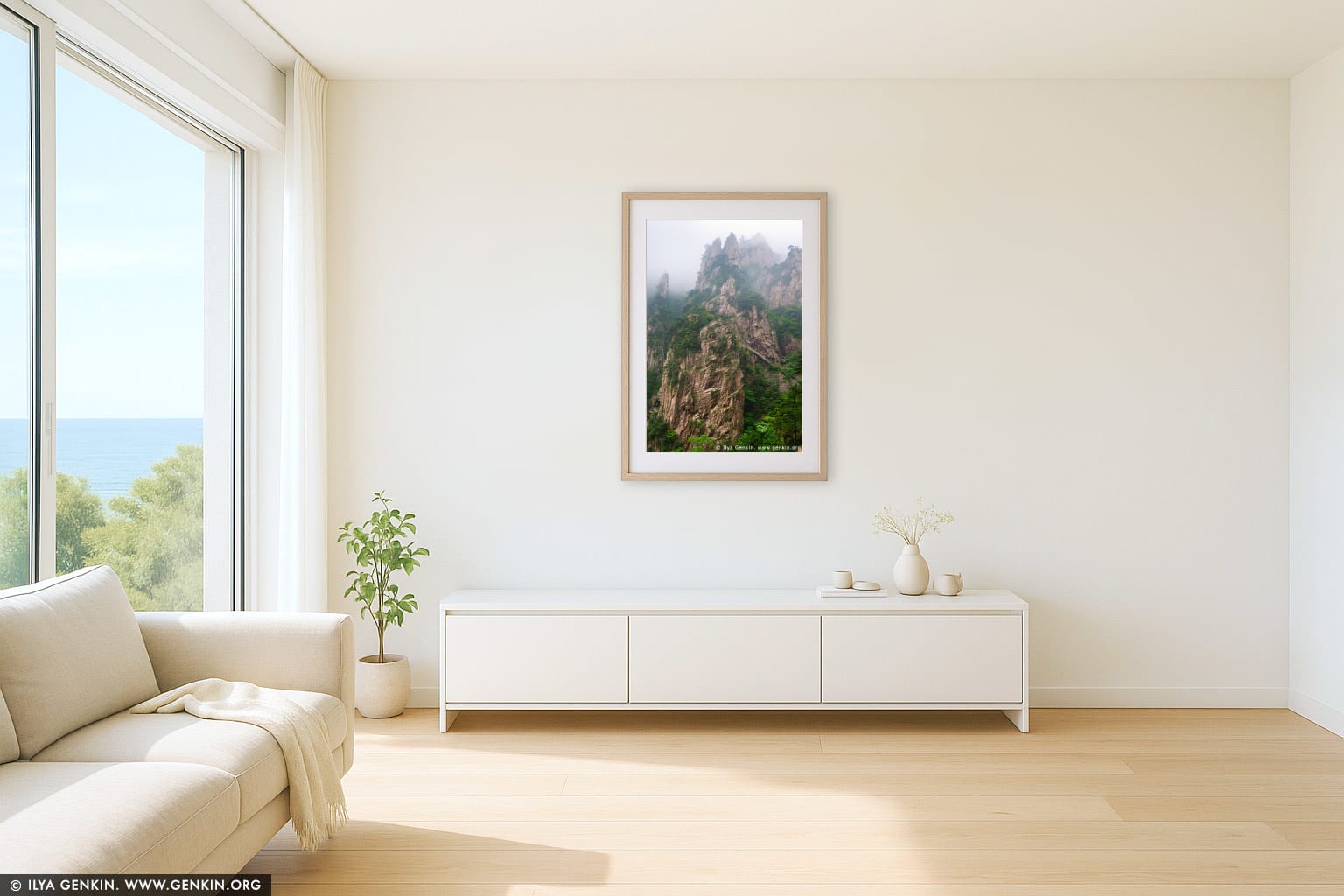 High Peaks of the Xihai (West Sea) Grand Canyon wall art in a modern living room interior