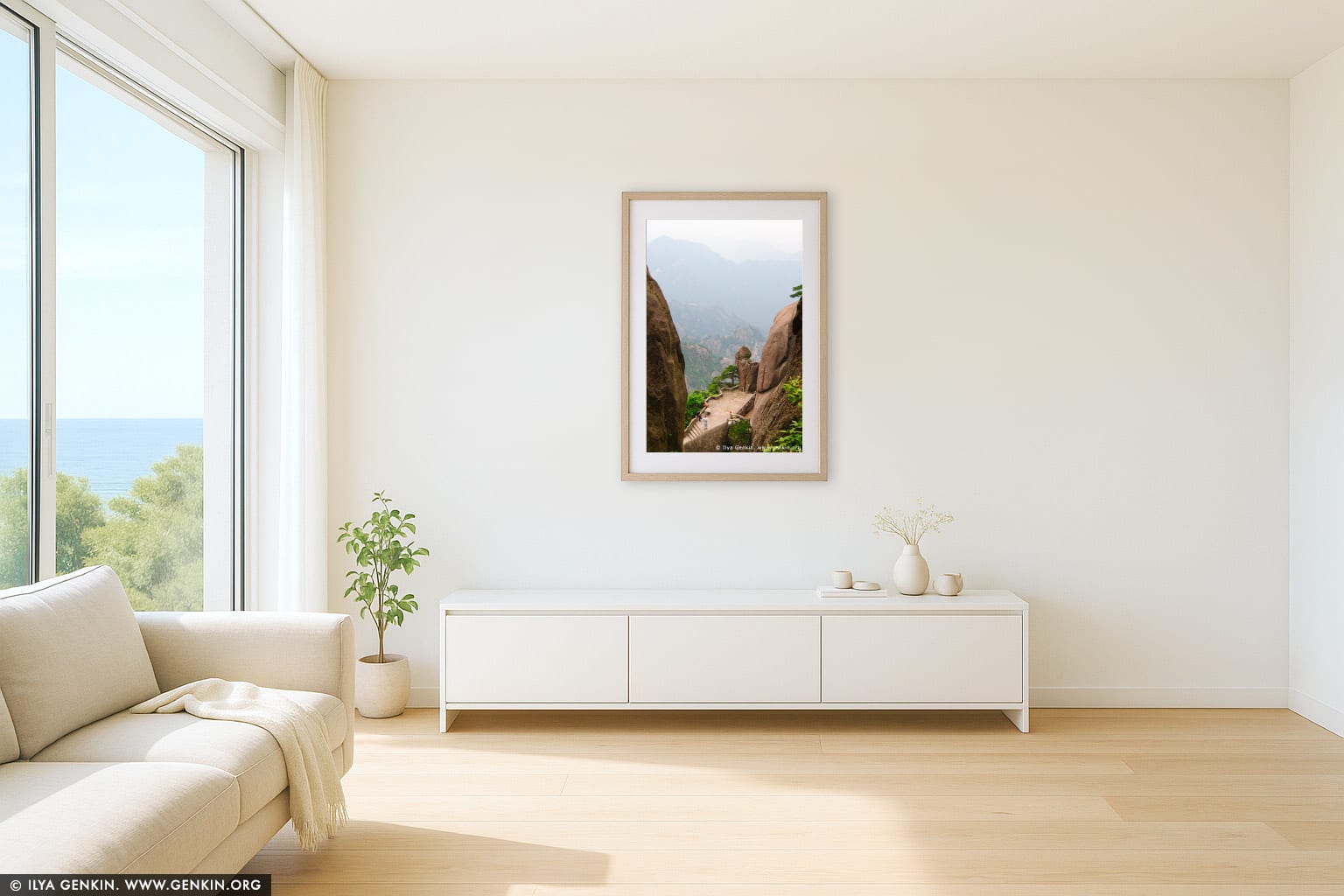 Huangshan Landscape Above Fairy-walking Bridge wall art in a contemporary living room interior