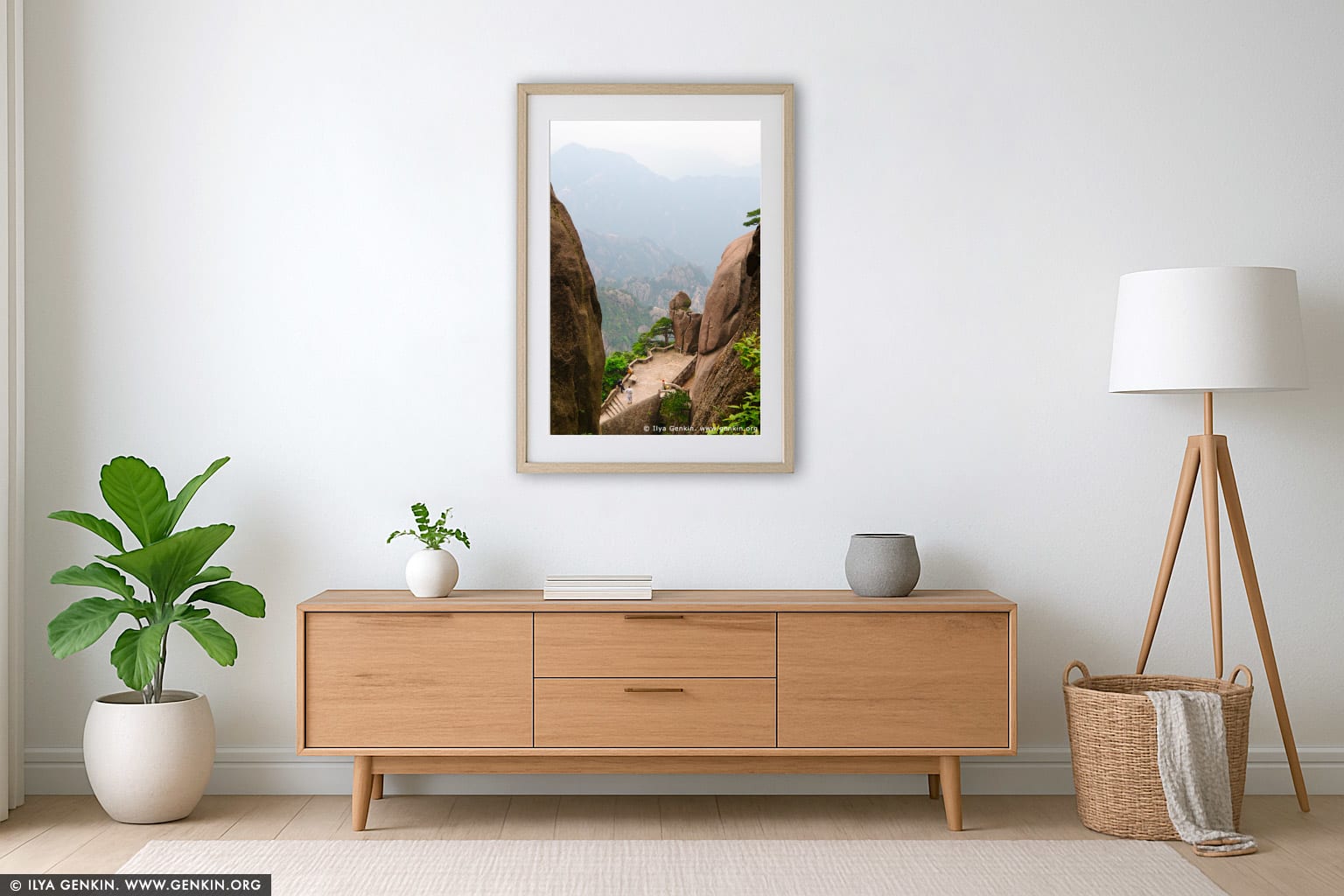 Huangshan Landscape Above Fairy-walking Bridge wall art in a minimalist living room interior