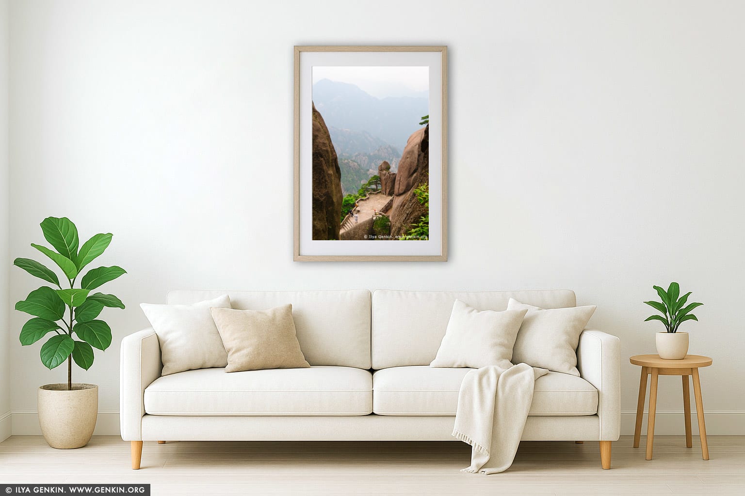 Huangshan Landscape Above Fairy-walking Bridge wall art in a modern living room interior