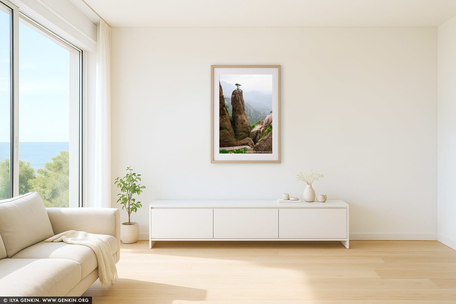 Hiking Up Above Fairy-walking Bridge wall art in a minimalist living room interior