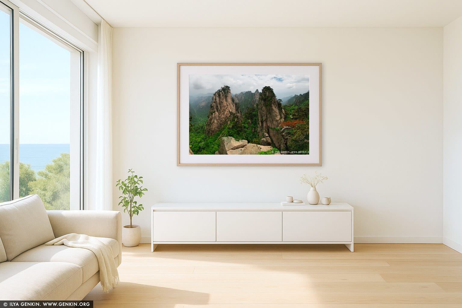 View from Beginning to Believe Lookout wall art in a luxury living room interior