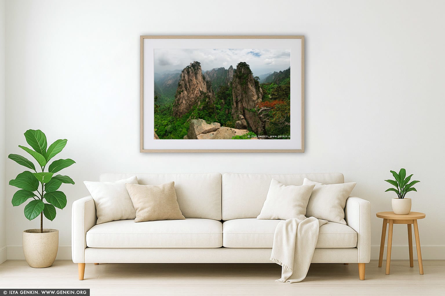 View from Beginning to Believe Lookout wall art in a minimalist living room interior