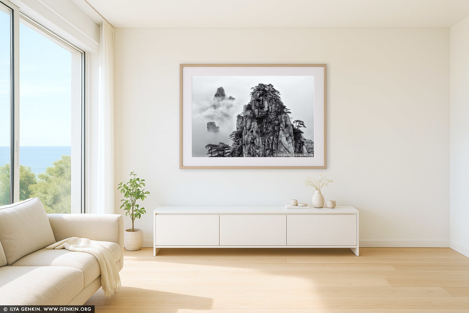 View from Beginning to Believe Lookout wall art in a luxury living room interior