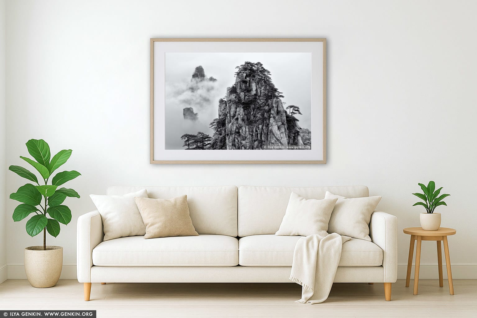 View from Beginning to Believe Lookout wall art in a minimalist living room interior